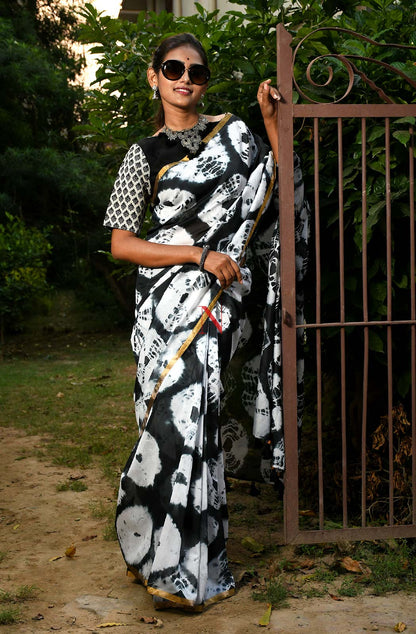 Black & White Pure Silk Chanderi Saree - Shibori
