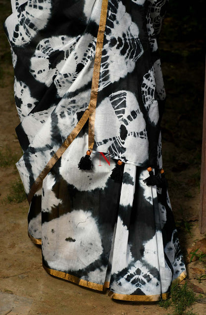 Black & White Pure Silk Chanderi Saree - Shibori