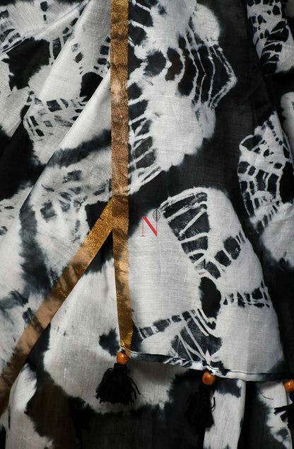 Black & White Pure Silk Chanderi Saree - Shibori