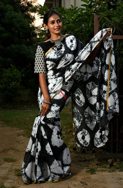 Black & White Pure Silk Chanderi Saree - Shibori