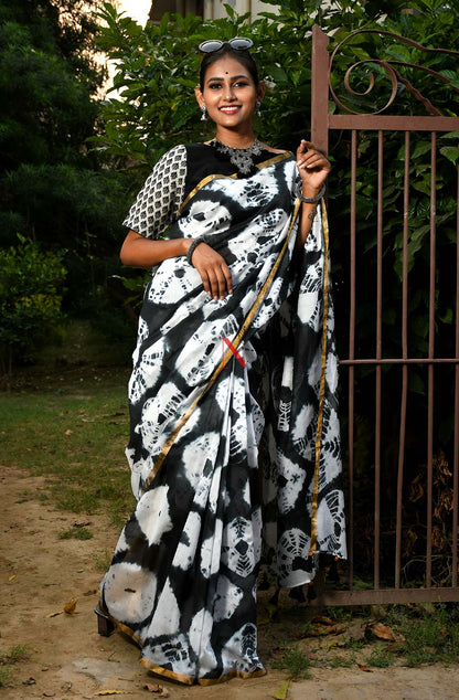 Black & White Pure Silk Chanderi Saree - Shibori