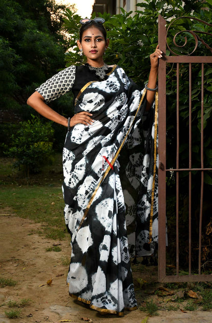 Black & White Pure Silk Chanderi Saree - Shibori
