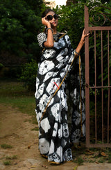 Black & White Pure Silk Chanderi Saree - Shibori