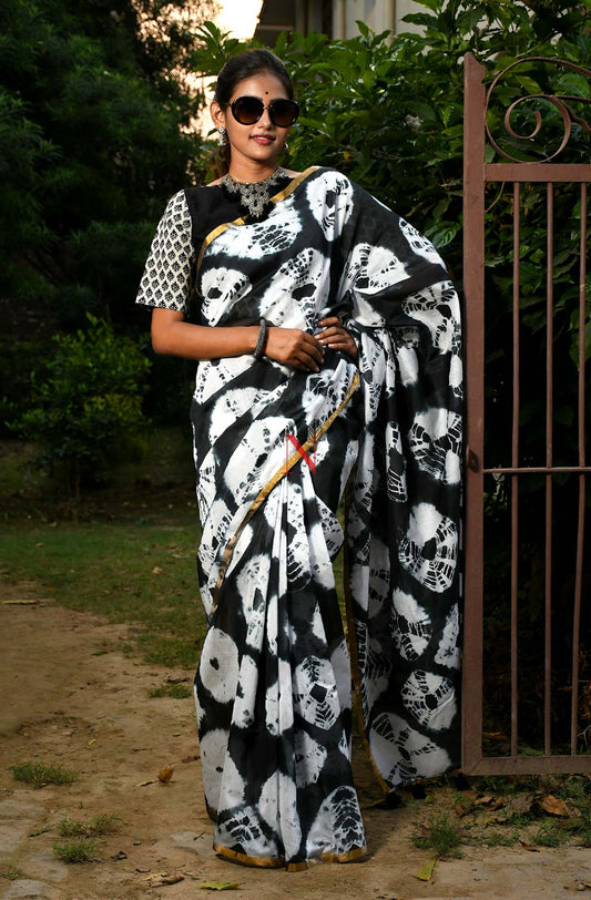Black & White Pure Silk Chanderi Saree - Shibori