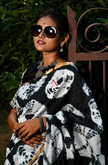 Black & White Pure Silk Chanderi Saree - Shibori