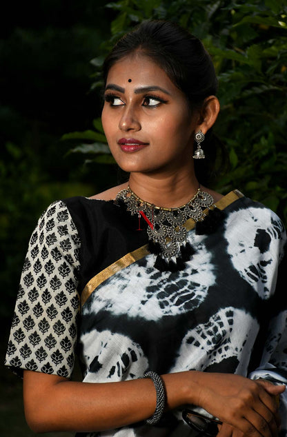 Black & White Pure Silk Chanderi Saree - Shibori