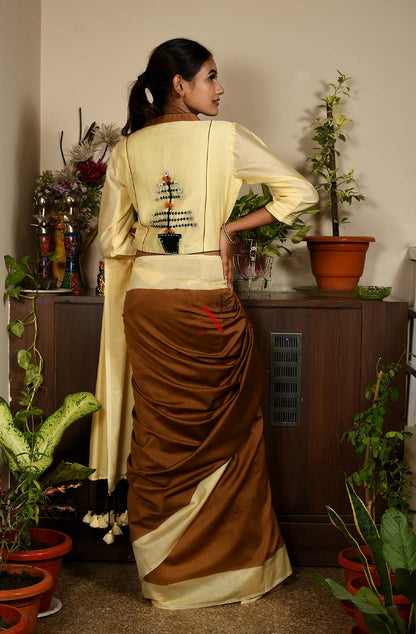 Brown & Cream Pure Silk Chanderi Saree