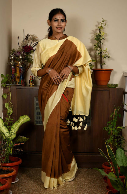 Brown & Cream Pure Silk Chanderi Saree
