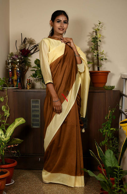 Brown & Cream Pure Silk Chanderi Saree