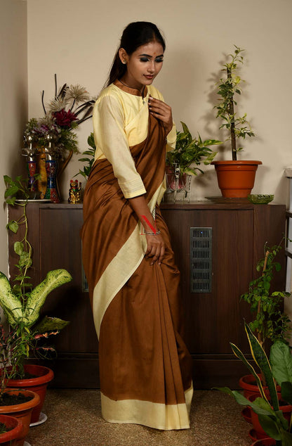 Brown & Cream Pure Silk Chanderi Saree