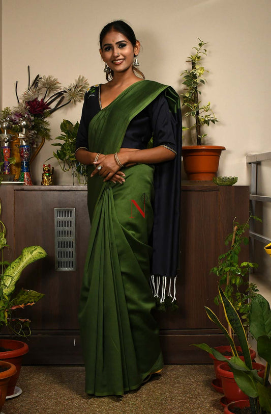 Dark Olive Green Pure Silk Chanderi Saree - Naksheband