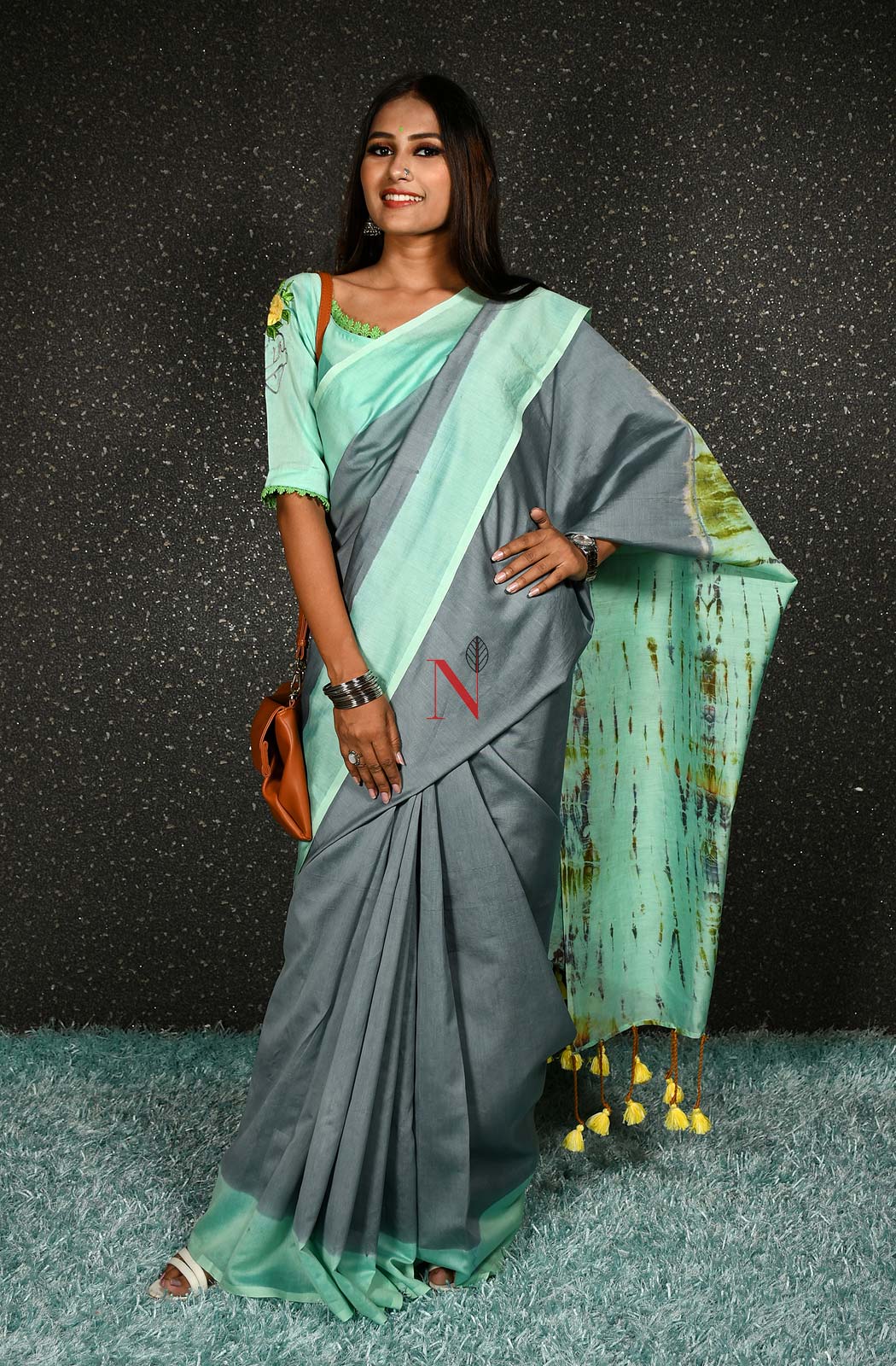 Grey & Sea Green Pure Silk Chanderi Saree - Shibori
