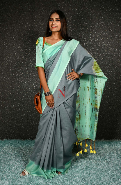 Grey & Sea Green Pure Silk Chanderi Saree - Shibori