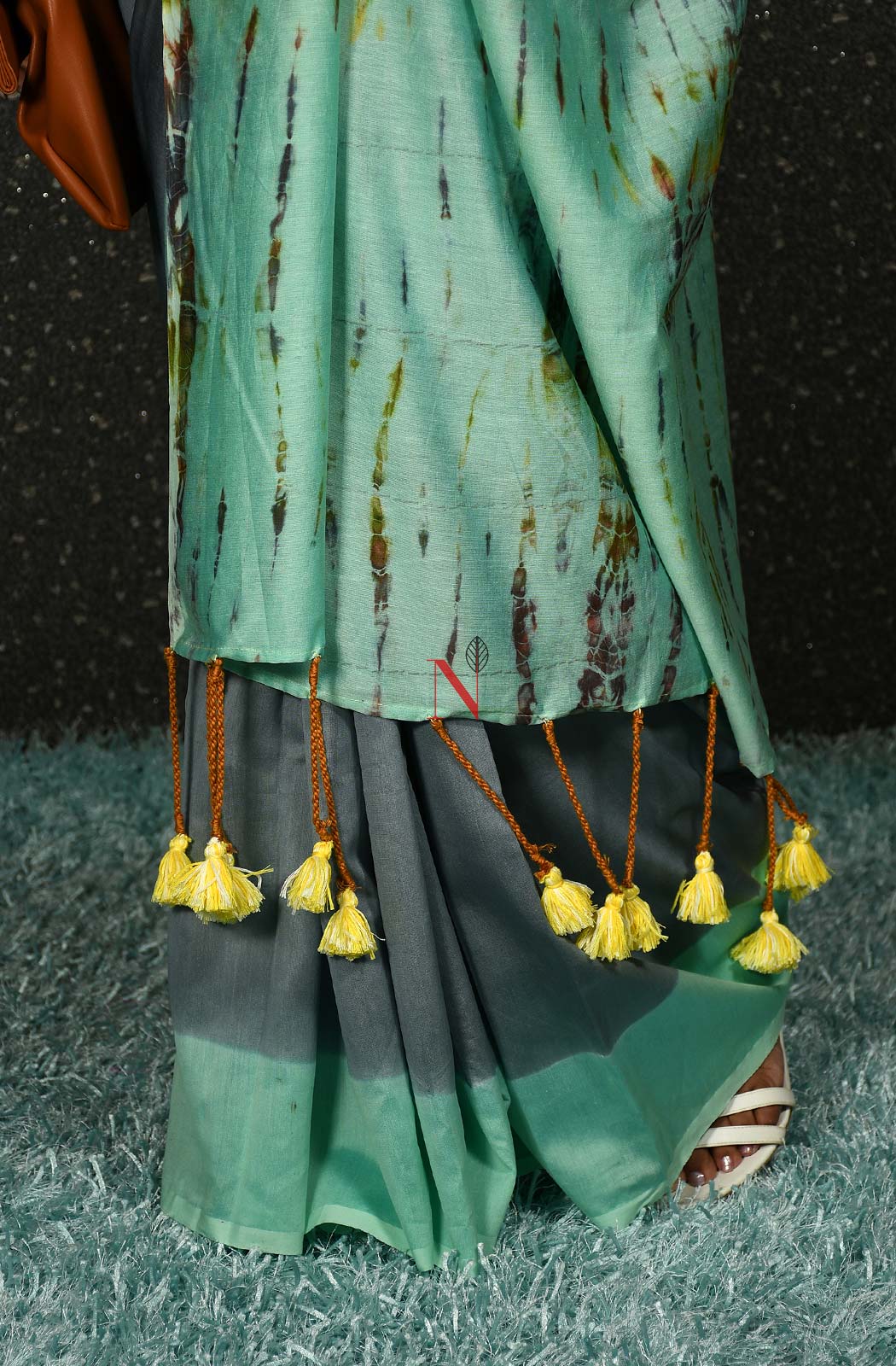 Grey & Sea Green Pure Silk Chanderi Saree - Shibori