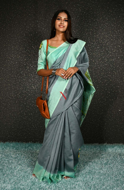 Grey & Sea Green Pure Silk Chanderi Saree - Shibori