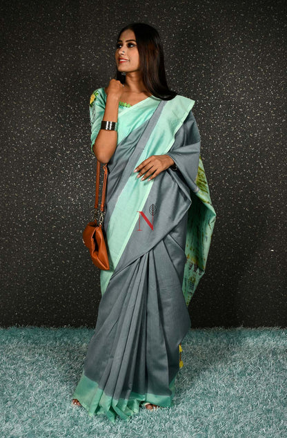 Grey & Sea Green Pure Silk Chanderi Saree - Shibori