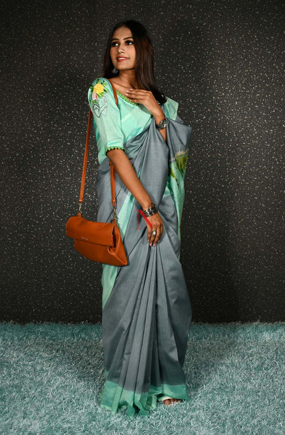 Grey & Sea Green Pure Silk Chanderi Saree - Shibori
