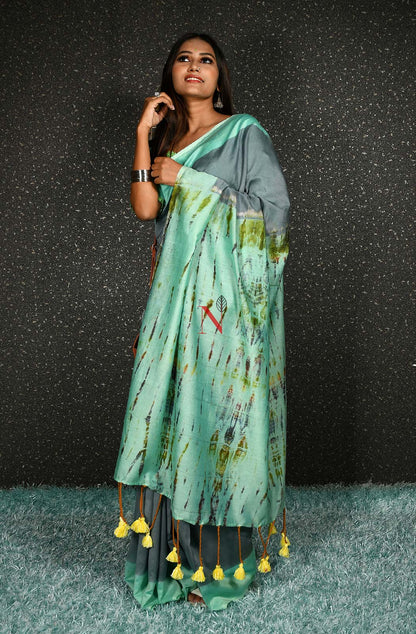 Grey & Sea Green Pure Silk Chanderi Saree - Shibori