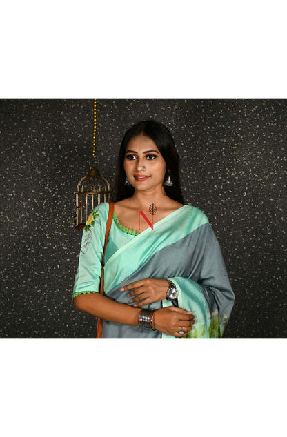 Grey & Sea Green Pure Silk Chanderi Saree - Shibori