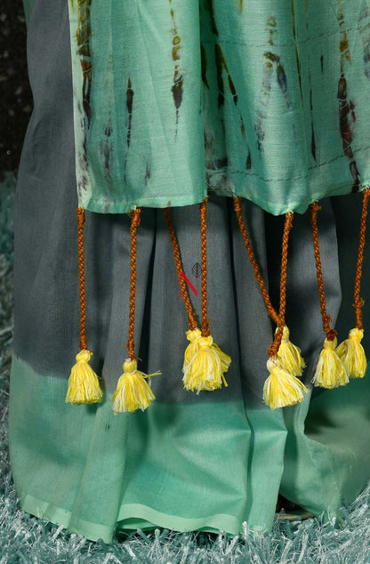 Grey & Sea Green Pure Silk Chanderi Saree - Shibori
