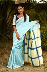 Sky Blue & Cream Pure Silk Chanderi Saree - Shibori
