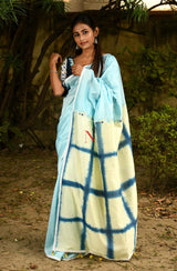 Sky Blue & Cream Pure Silk Chanderi Saree - Shibori