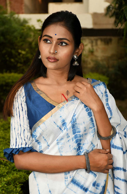 White & Blue Pure Silk Chanderi Saree - Shibori