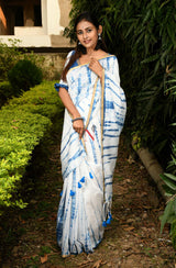 White & Blue Pure Silk Chanderi Saree - Shibori