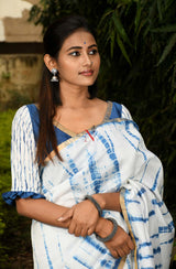 White & Blue Pure Silk Chanderi Saree - Shibori