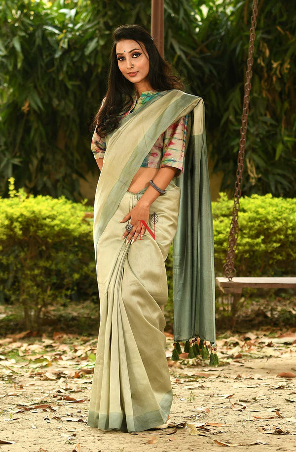 Beige & Moss Green Pure Silk Chanderi Saree