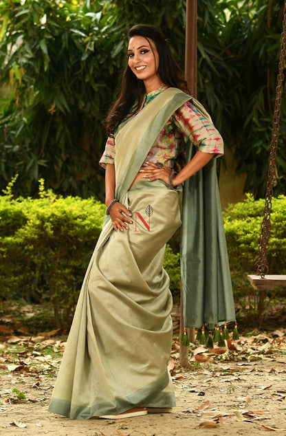 Beige & Moss Green Pure Silk Chanderi Saree