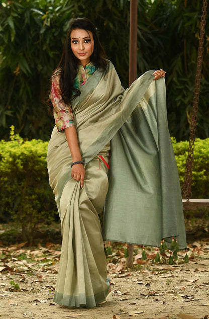 Beige & Moss Green Pure Silk Chanderi Saree