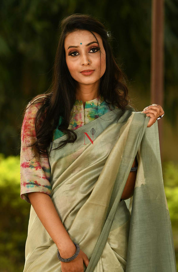 Beige & Moss Green Pure Silk Chanderi Saree