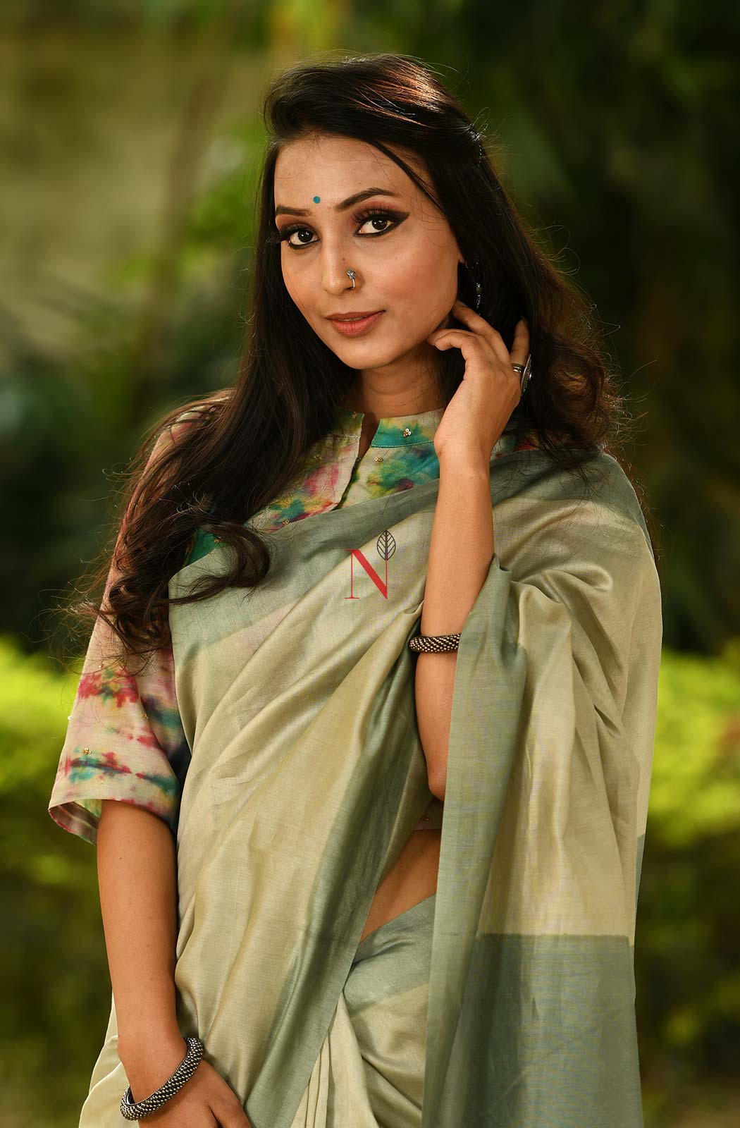 Beige & Moss Green Pure Silk Chanderi Saree