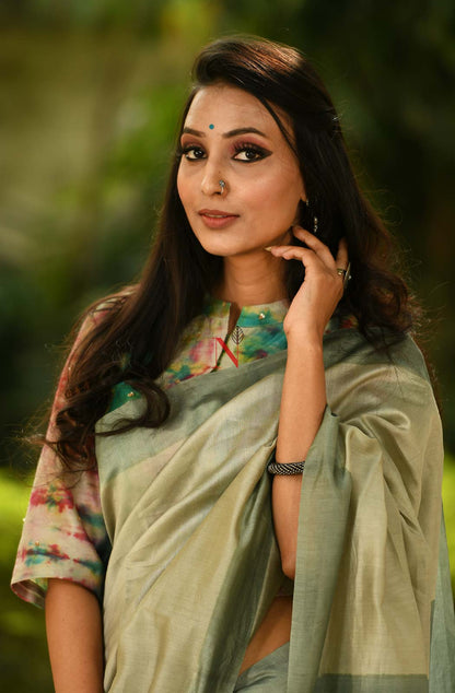 Beige & Moss Green Pure Silk Chanderi Saree