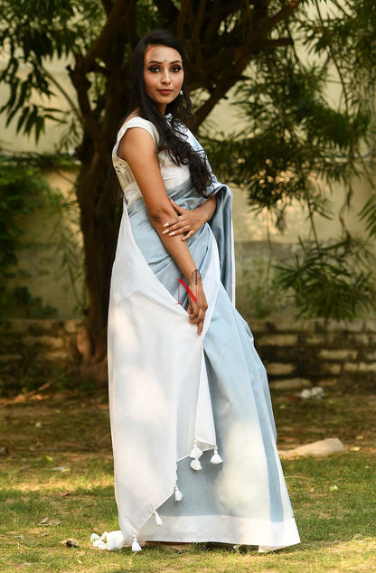 Grey & White Green Pure Silk Chanderi Saree