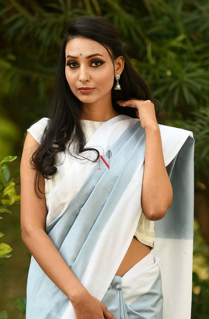 Grey & White Green Pure Silk Chanderi Saree
