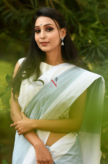 Grey & White Green Pure Silk Chanderi Saree