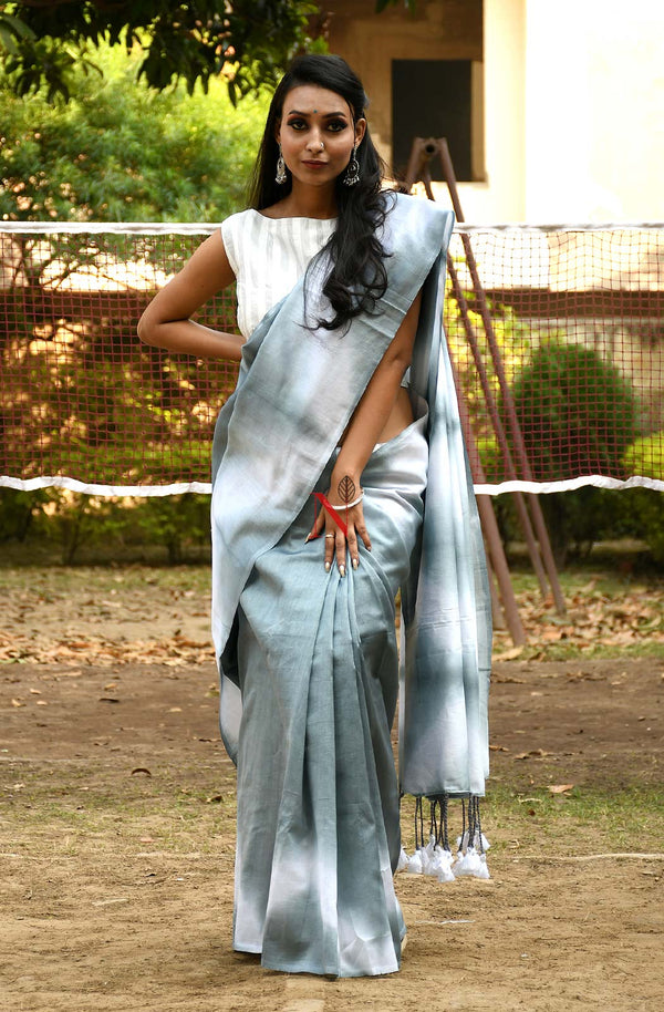 White & Grey Pure Silk Chanderi Saree - Shibori