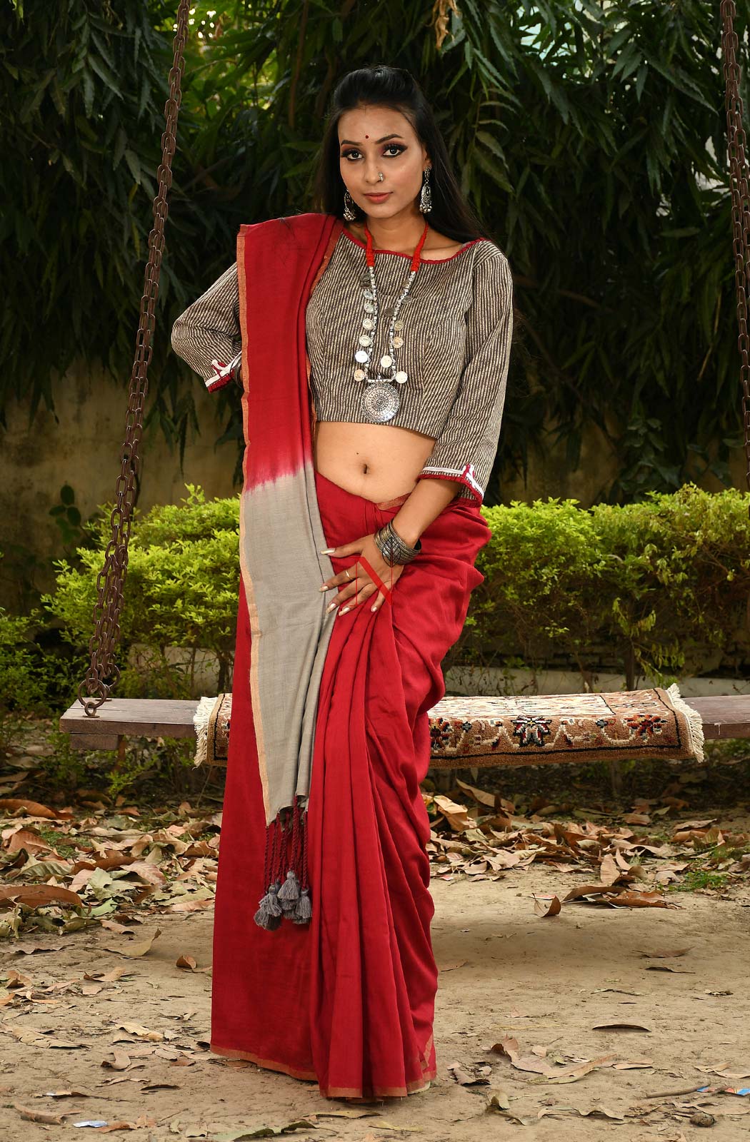 Off Grey & Maroon Pure Muga Saree - Naksheband