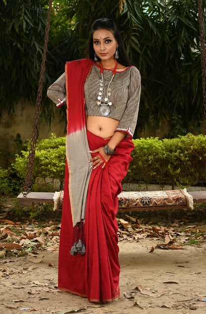Off Grey & Maroon Pure Muga Saree - Naksheband