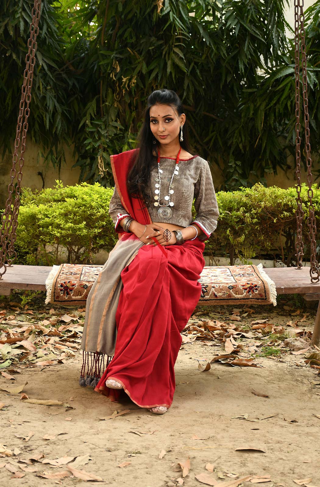 Off Grey & Maroon Pure Muga Saree - Naksheband