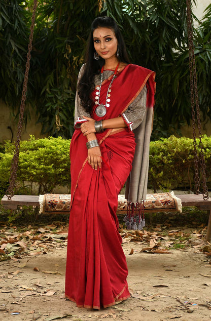 Off Grey & Maroon Pure Muga Saree - Naksheband