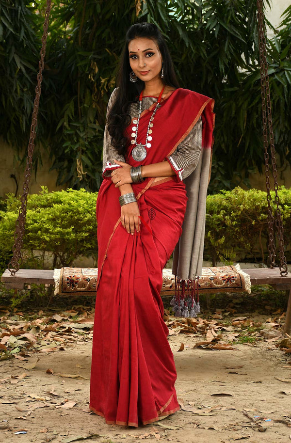 Off Grey & Maroon Pure Muga Saree