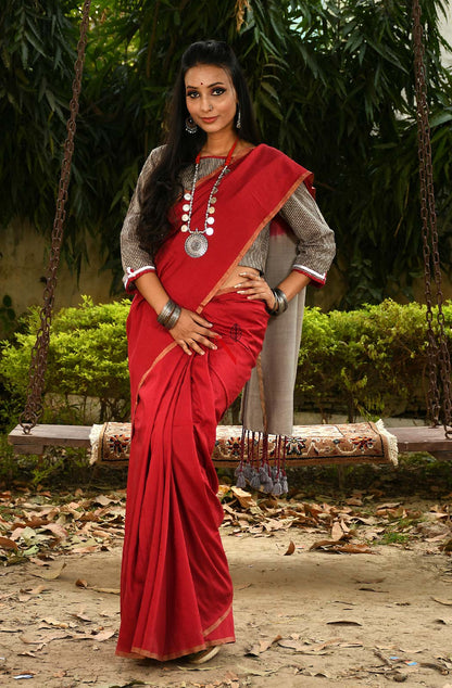 Off Grey & Maroon Pure Muga Saree - Naksheband