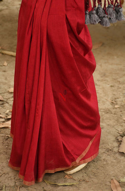 Off Grey & Maroon Pure Muga Saree - Naksheband