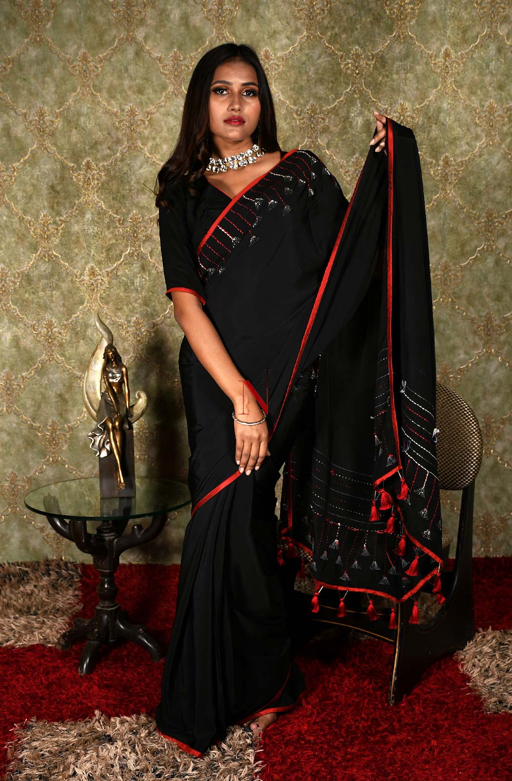 Black Designer Pure Crepe Saree - Black Beast