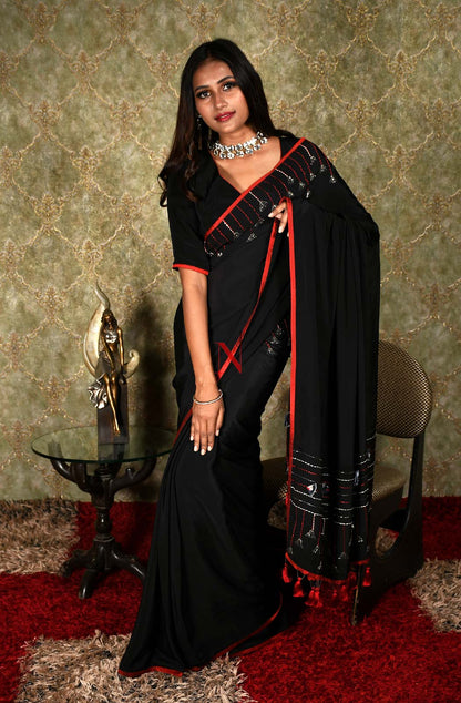 Black Designer Pure Crepe Saree - Black Beast