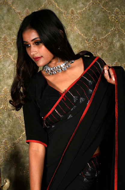 Black Designer Pure Crepe Saree - Black Beast