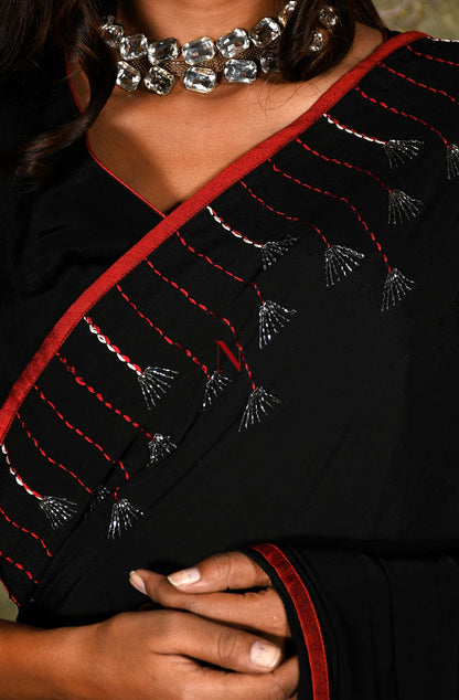 Black Designer Pure Crepe Saree - Black Beast